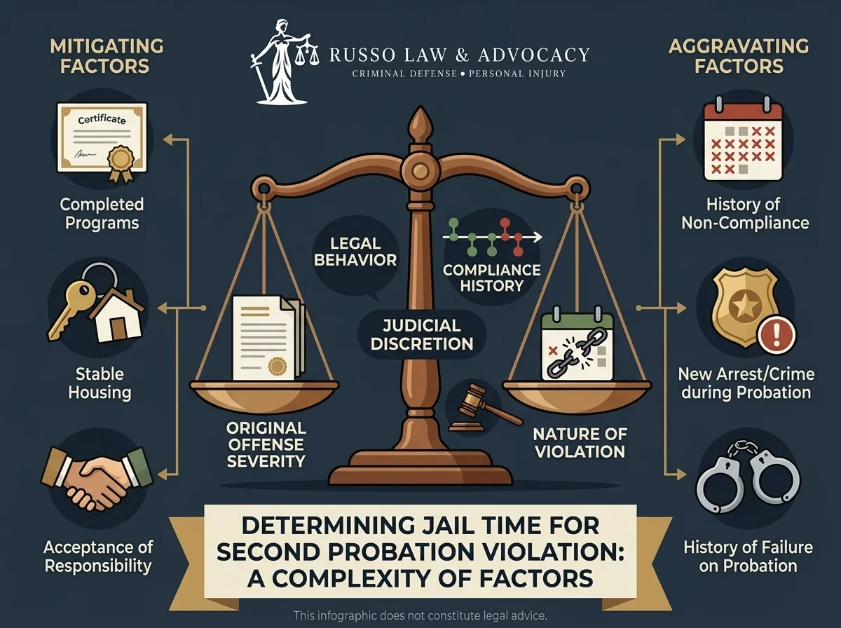 Infographic showing factors influencing how much jail time for second probation violation, including original offense and judicial discretion.