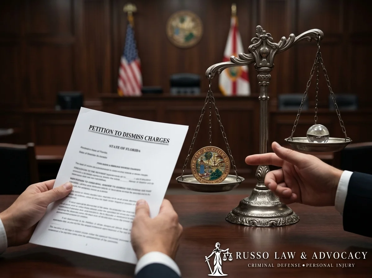 Legal documents and a scale of justice illustrating the complexities of whether a victim can drop domestic violence charges in Florida.