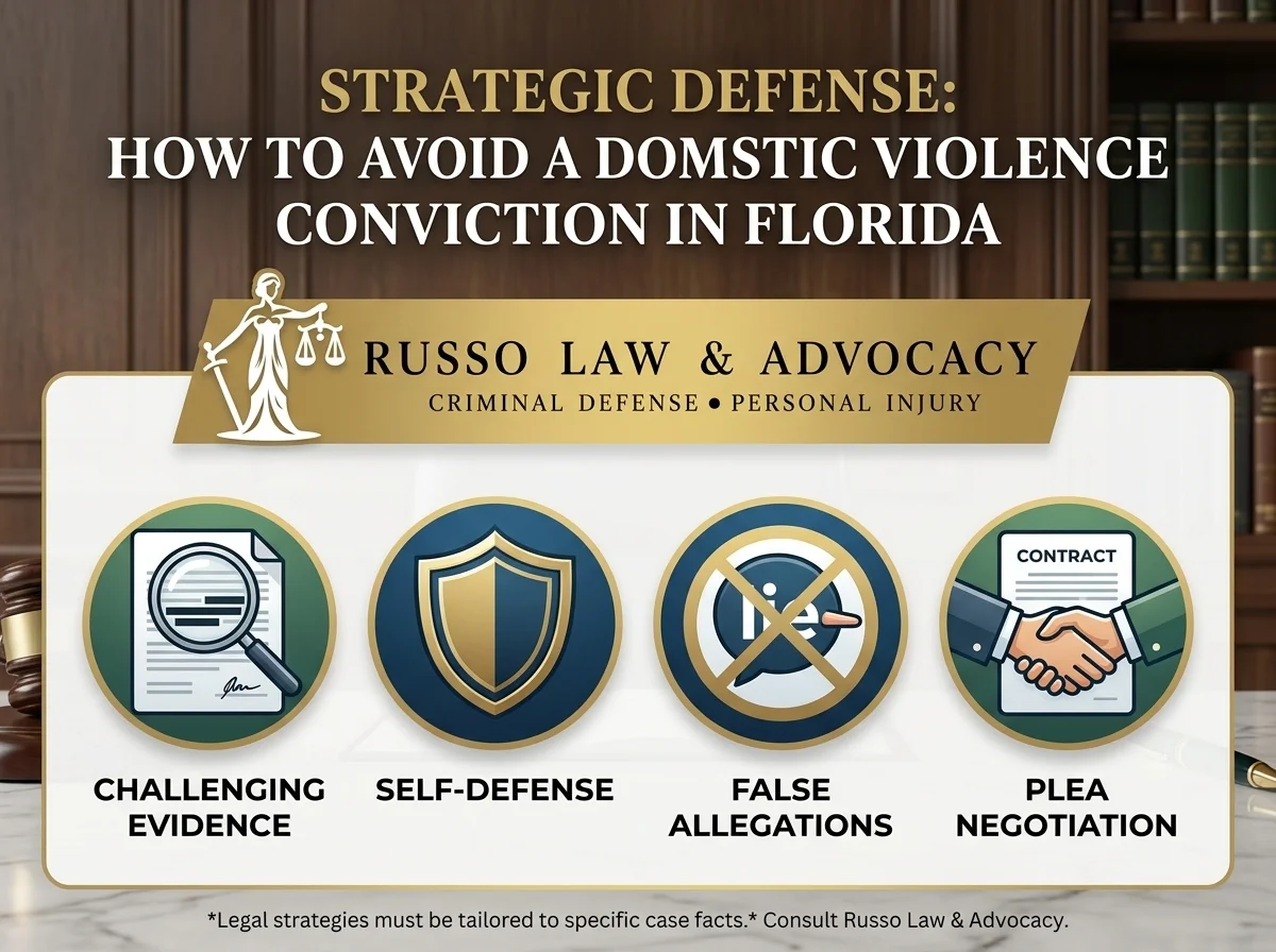 Infographic detailing key defense strategies to avoid a domestic violence conviction in Florida, including challenging evidence and self-defense.
