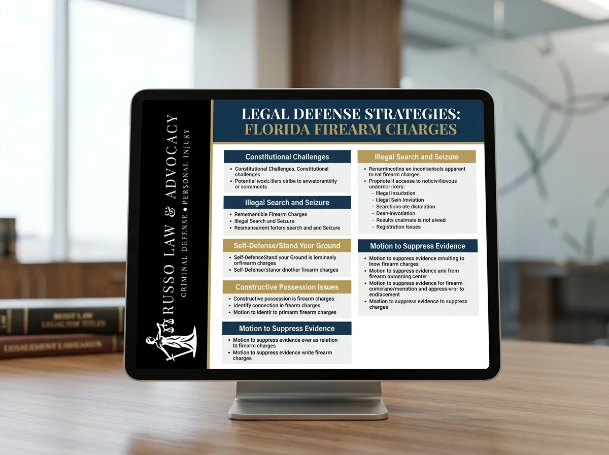 Infographic showing defense strategies against the penalties for felon with a gun in florida