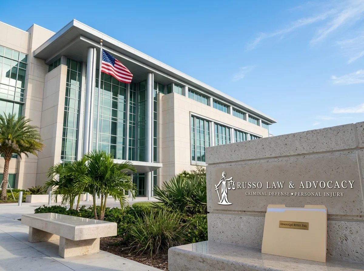 Defense attorney Dominique Russo standing outside a South Florida courthouse ready to fight penalties for felon with a gun in florida