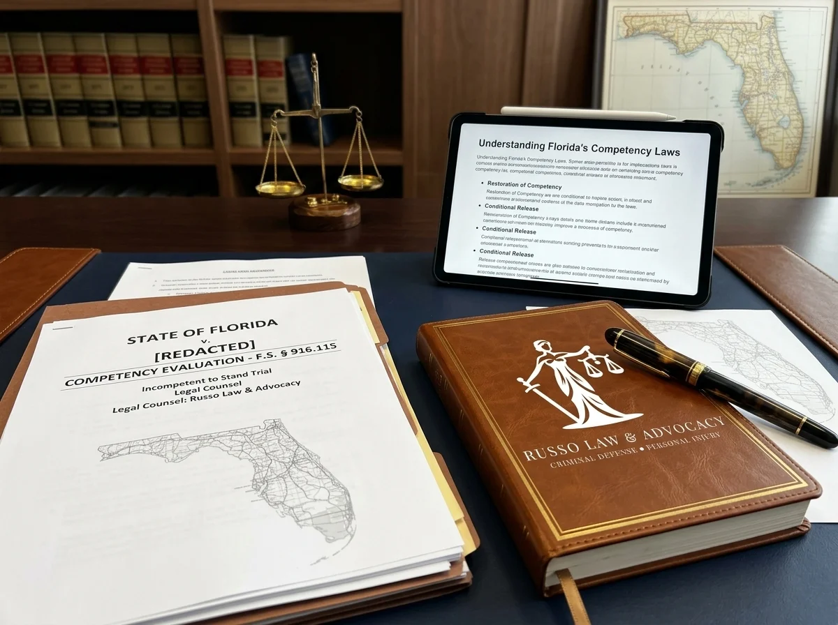 Attorney Dominique Russo explaining what does incompetent to stand trial mean in Florida, in a professional law office.