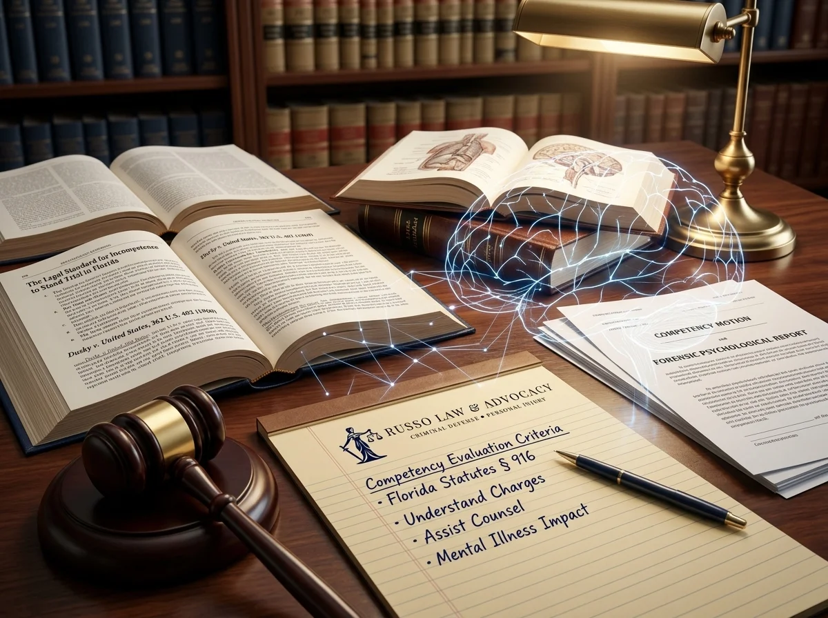 Legal documents and a gavel representing the standard for what does incompetent to stand trial mean in Florida.