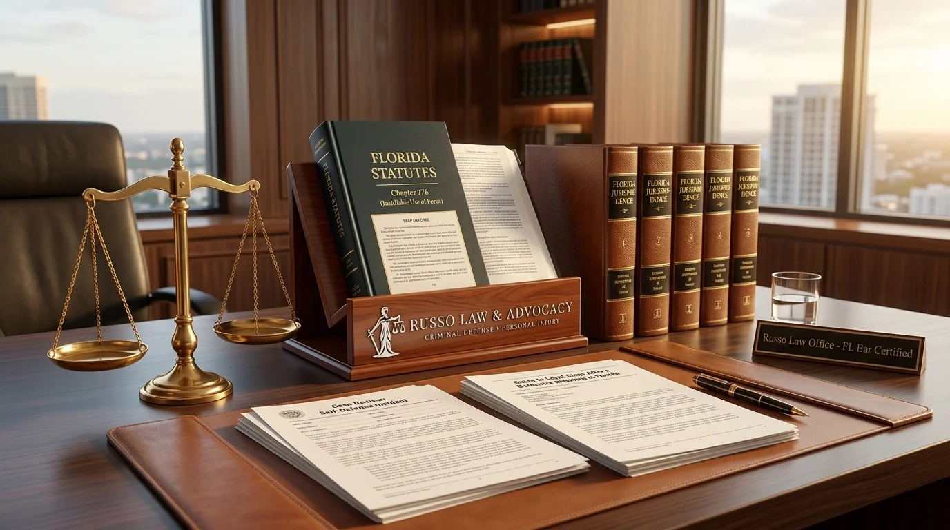 Featured image illustrating what to do after a self defense shooting in florida with legal scales and documents
