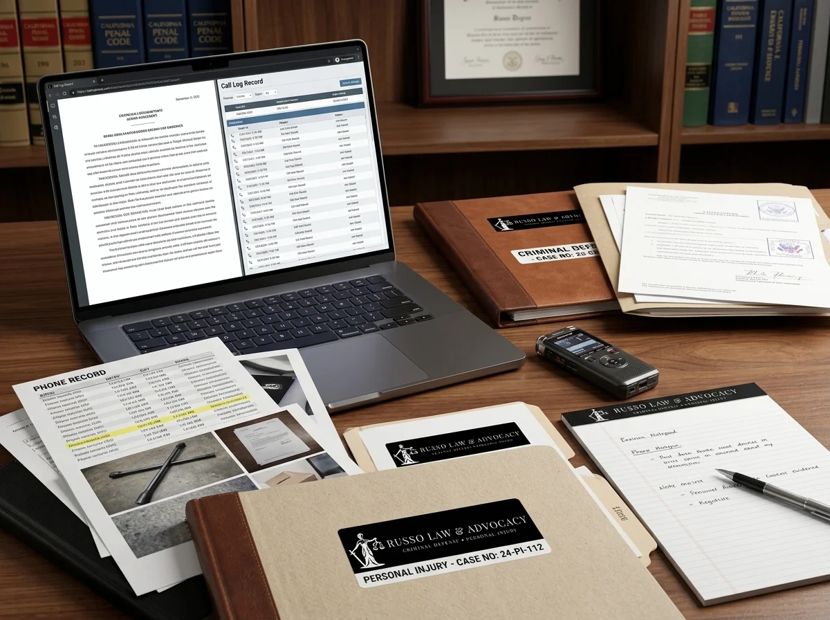 Dominique Russo examining evidence and case files for false allegations of domestic violence defense.